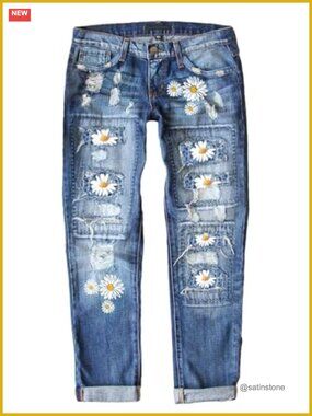 Ripped Boyfriend Jeans Distressed Patchwork Denim Pants Mid-Rise Bootcut